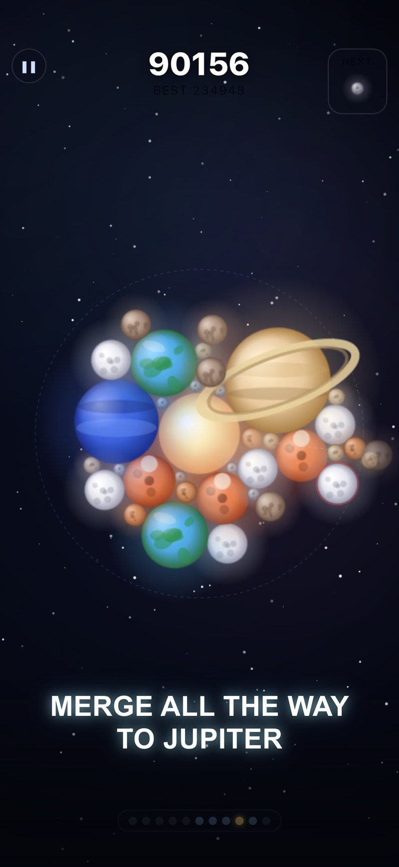Cosmerge gameplay screenshot showing a dense board of planets including a large ringed Jupiter-tier world near the top of the merge chain
