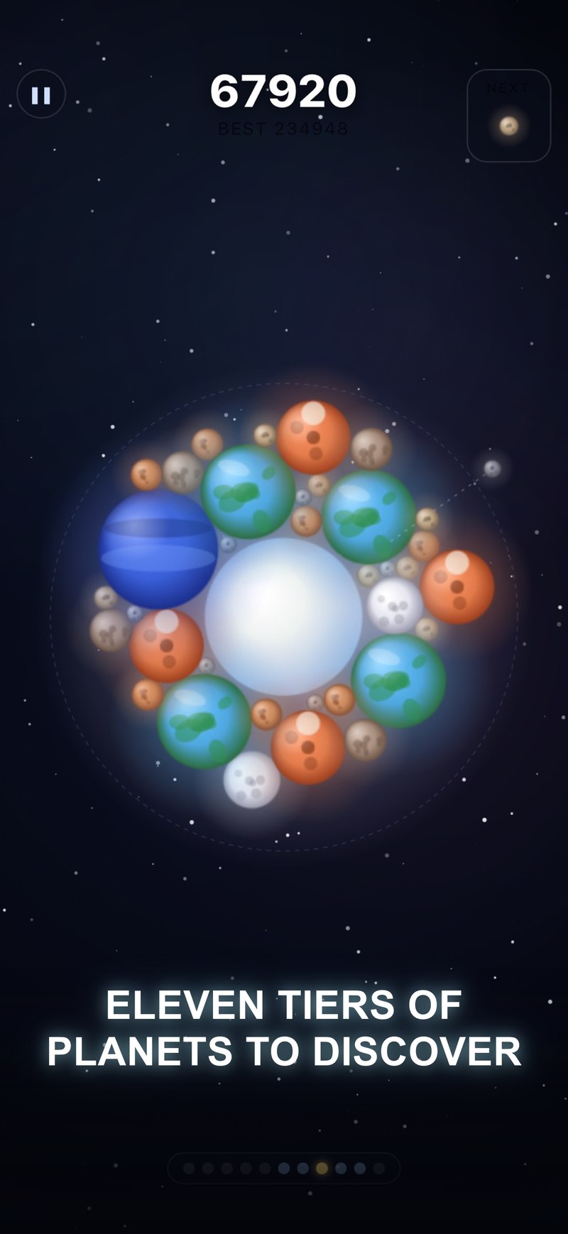 Cosmerge gameplay screenshot of a busy board with celestial bodies from many of the eleven planet tiers scattered around the central sun