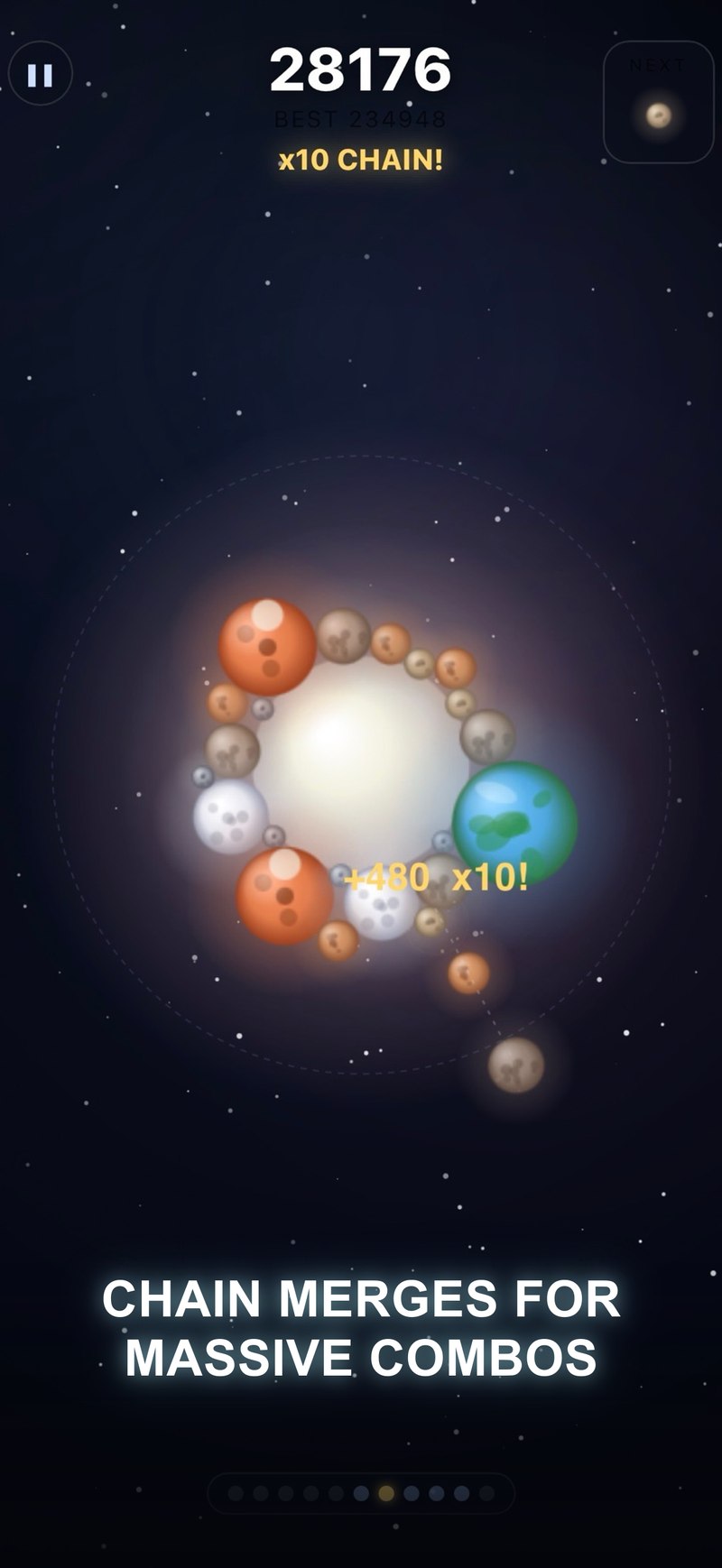 Cosmerge gameplay screenshot capturing a ten-merge combo chain lighting up the board