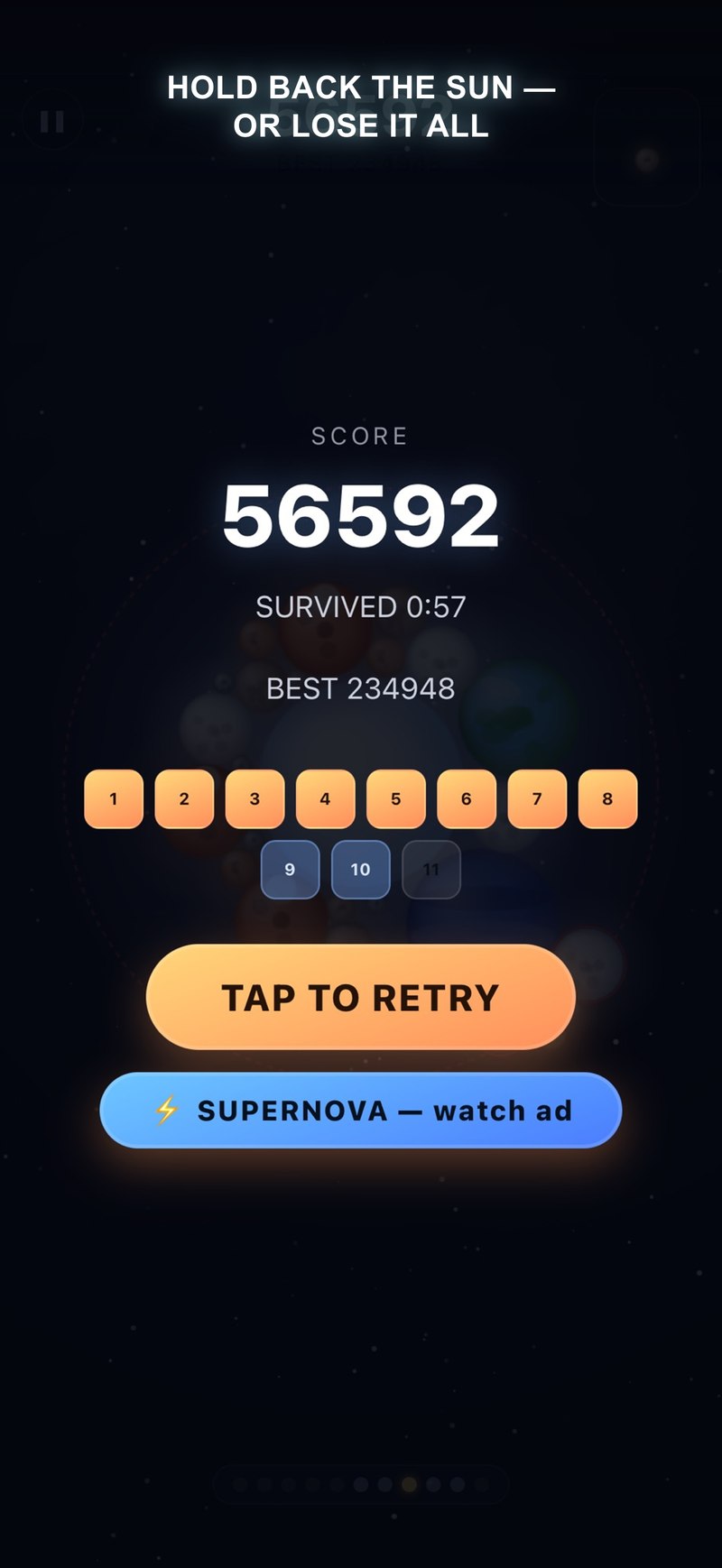 Cosmerge gameplay screenshot of a near-death moment as the growing sun threatens to consume the board in a supernova