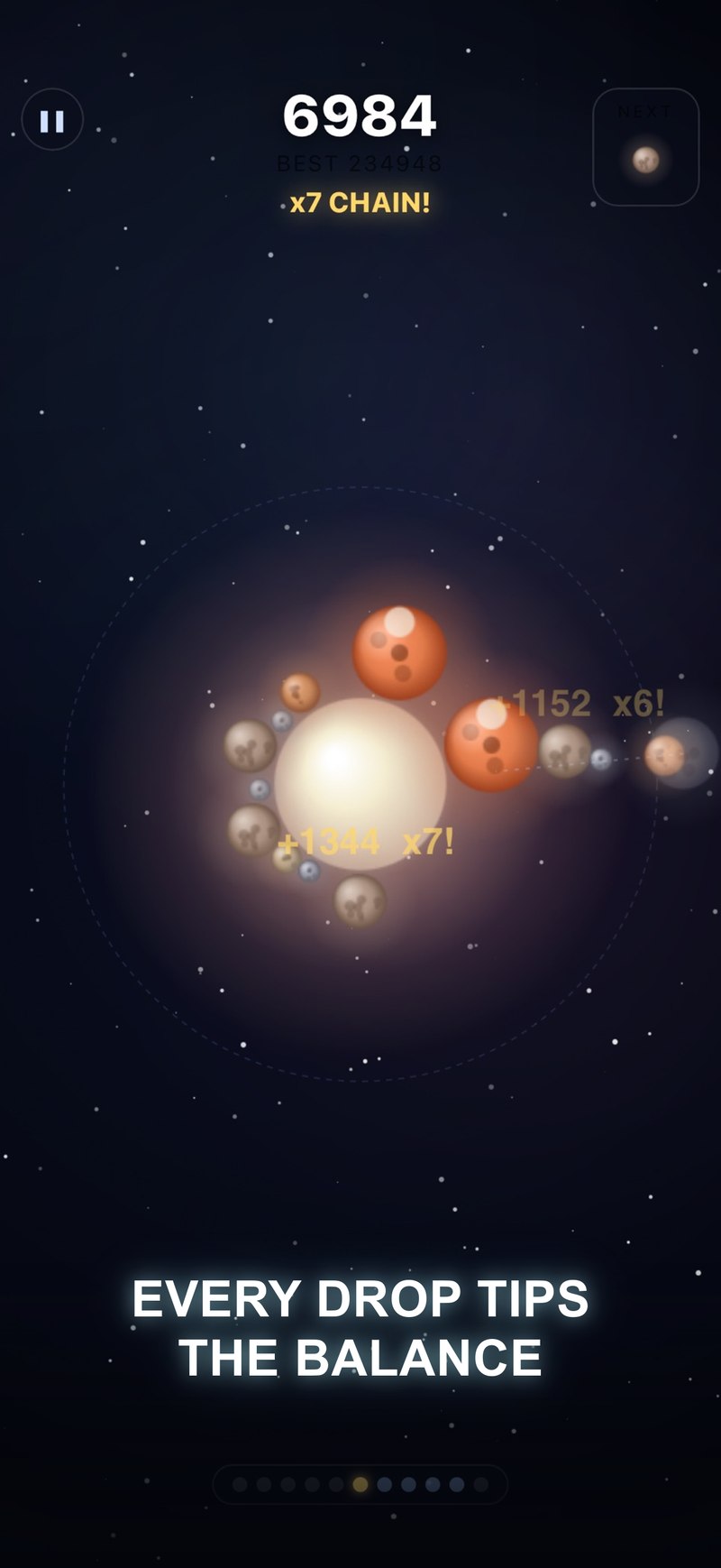 Cosmerge gameplay screenshot showing a seven-merge chain combo with celestial bodies cascading toward the sun