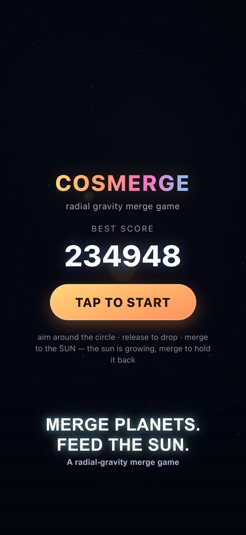 Cosmerge main menu screen with the game logo and play button over a starfield background